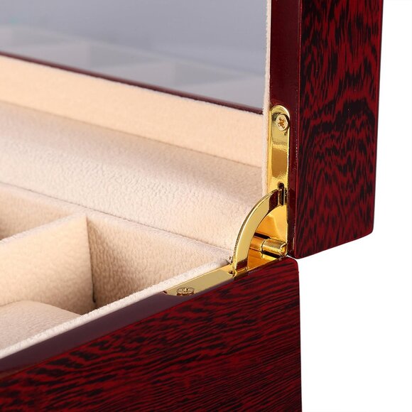 6 Slot Wooden Watch Display Case w/ Glass Lid & Removable Pillows - Vintage Brow - Picture 8 of 10